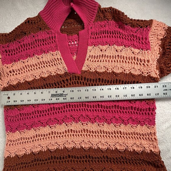 Zara Womens Crochet Knit Striped Sweater S-M Short Sleeve Pink Pullover New - Picture 6 of 7